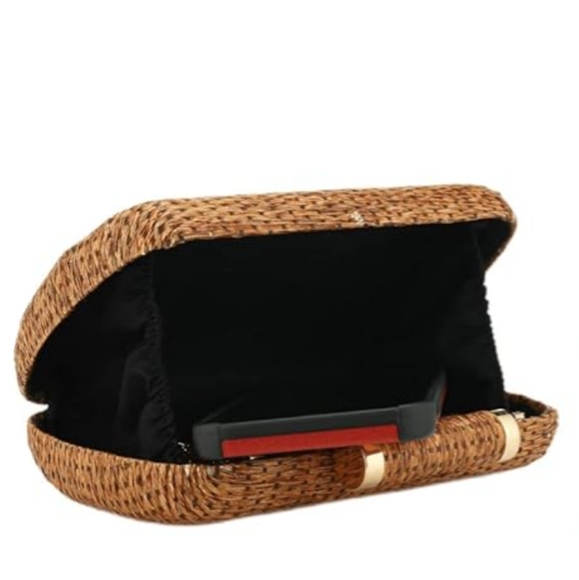 Rattan Hard Case Clutch Purse Brown Boho Woven Wicker Bag Crossbody Chain Strap - Picture 10 of 14
